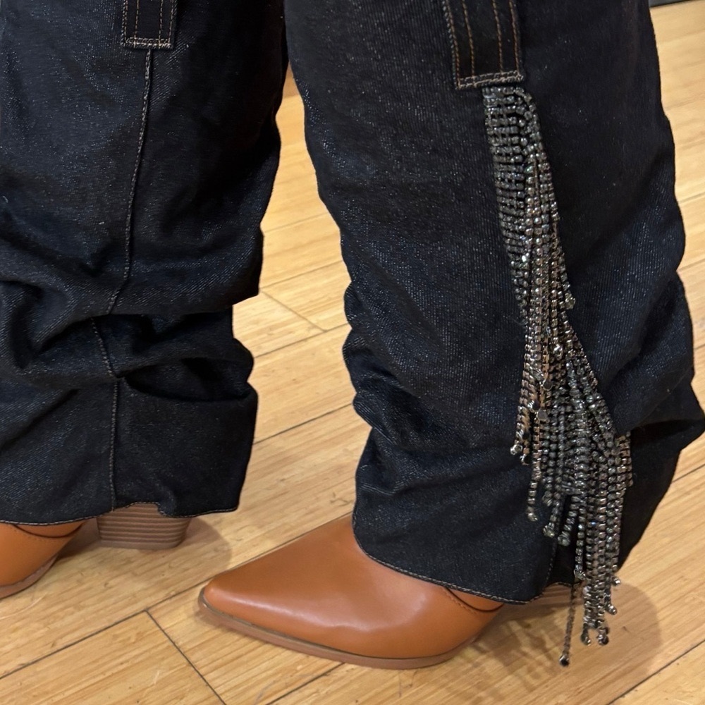 Black Denim Women's Jean and Leather Boots with Rhinestone Fringe Detail